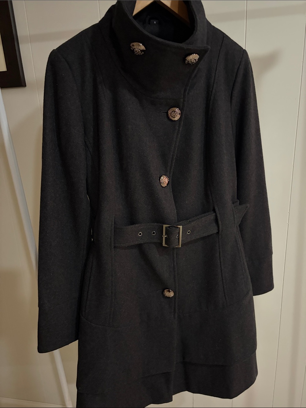 Guess Dark Gray Belted Tailored Wool Trench Coat